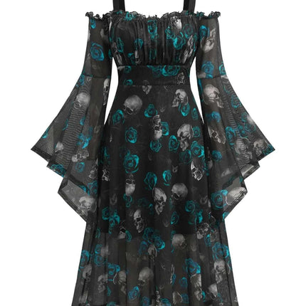 Rosegal Plus Size Women Medieval Renaissance Costumes Dress Gothic Bell Sleeves Cold Shoulder Skulls Rose Mesh Dress Halloween Costumes Dress Witch Cosplay(Blue_1/5X) - Royalessencelux