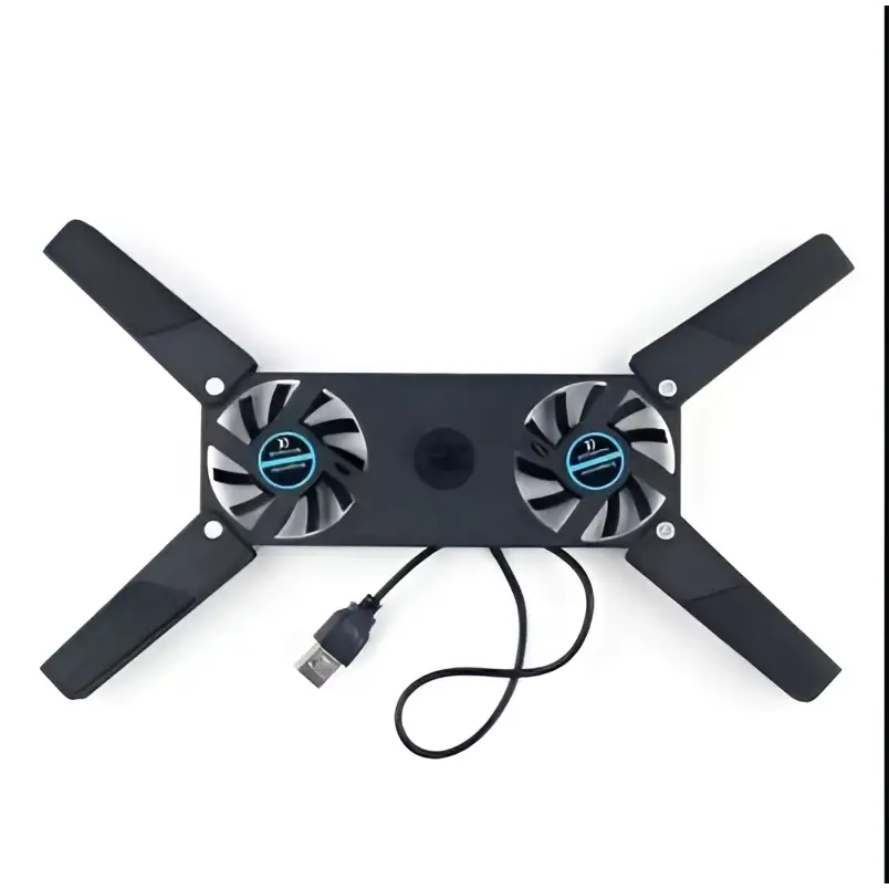 Black dual-fan cooling fan pad with rotatable usb cooling and blue accents connected by usb port cable for laptops