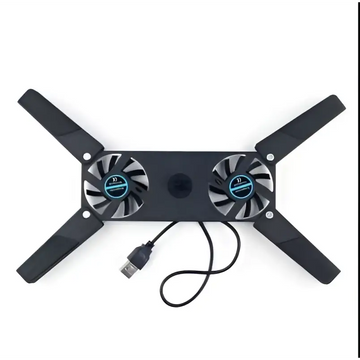 Black dual-fan cooling fan pad with rotatable usb cooling and blue accents connected by usb port cable for laptops