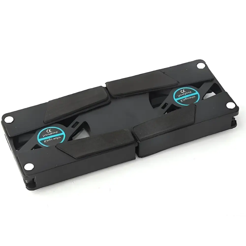 Black dual-fan rotatable usb cooling fan pad with teal brand stickers designed for laptop usb port cooling