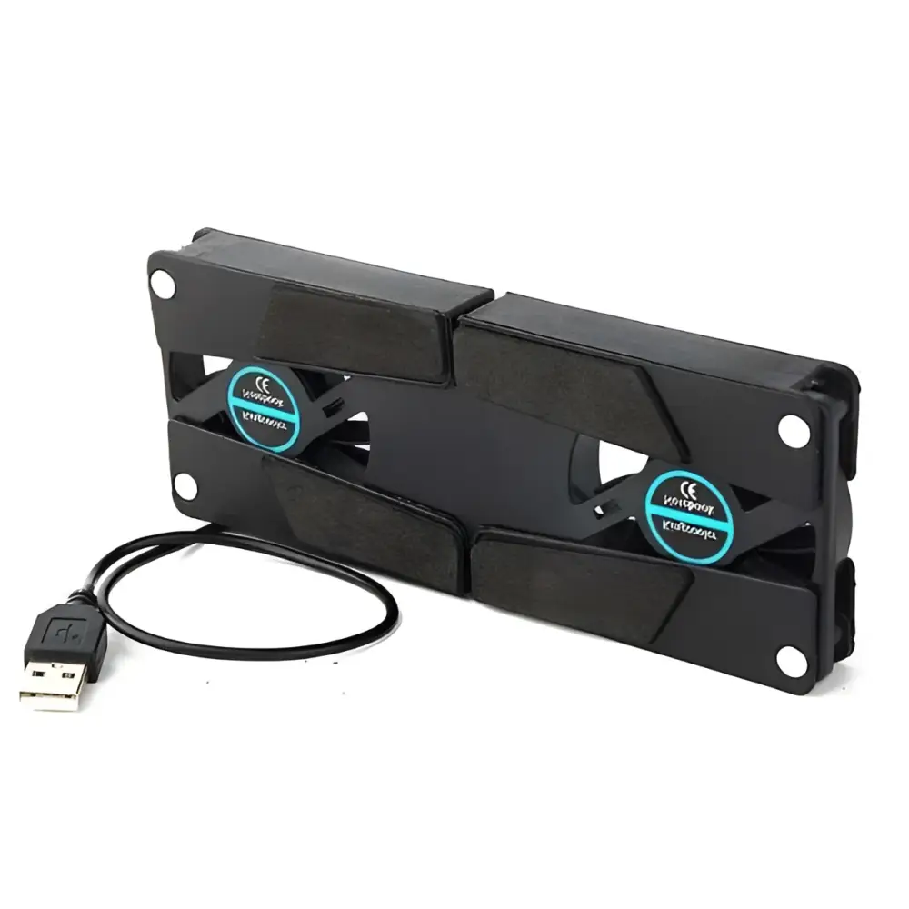Black dual usb rotatable usb cooling fan pad with two circular fans and coiled cable for usb port use