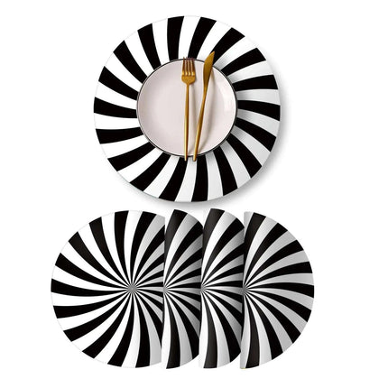 Round Leather Placemats Set of 4 PU Waterproof Non - Slip Washable Heat Resistant Place Mat for Kitchen Dining Table - Black and White Stripes - Royalessencelux