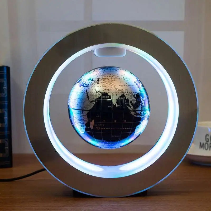 Round led world map floating globe light with detailed map encased in sleek silver glowing circular ring