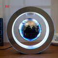 A sleek round led world map floating globe light with a detailed map encased in a soft blue glowing ring