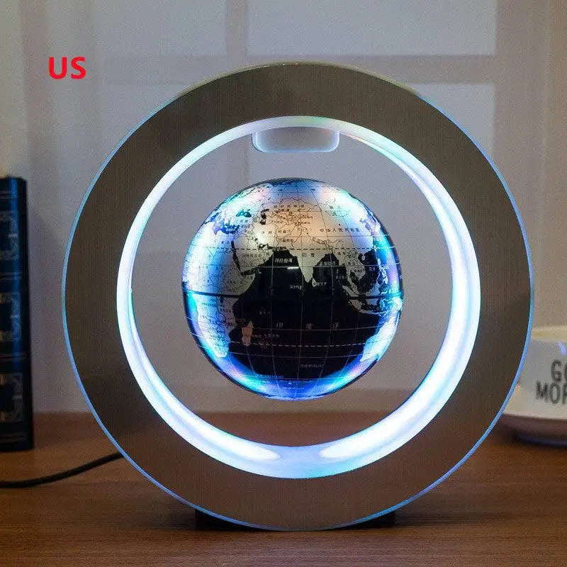 A sleek round led world map floating globe light with a glowing blue led ring and detailed world map design