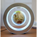 Round led world map floating globe light with sleek silver frame and soft white led illumination for decor use