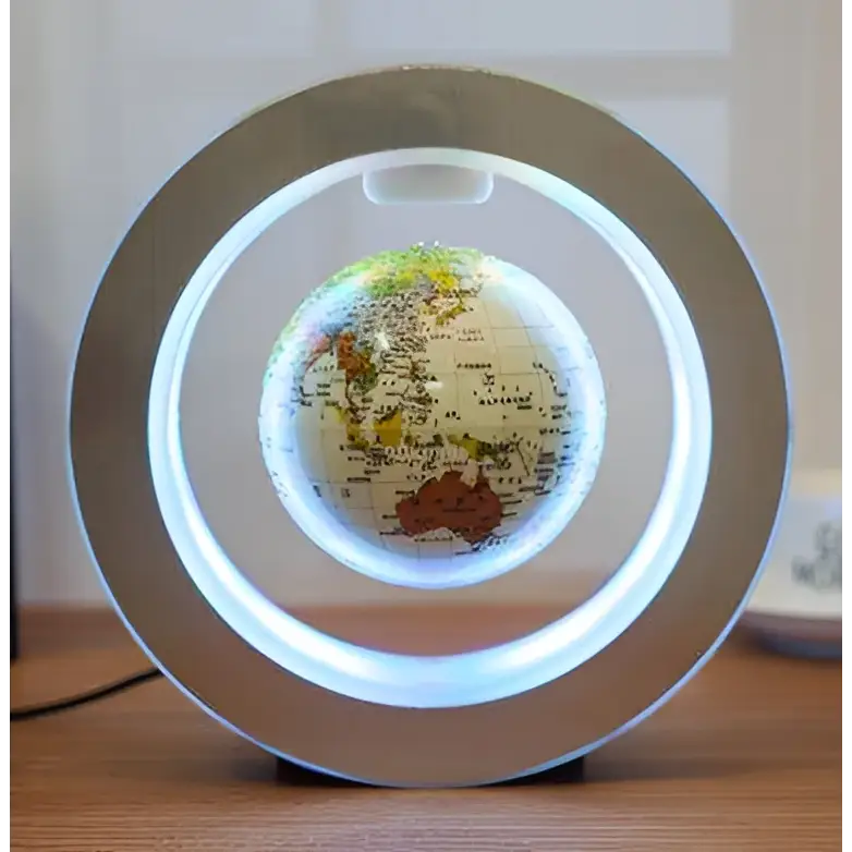 Round led world map floating globe light with sleek silver frame and soft white led illumination for decor use