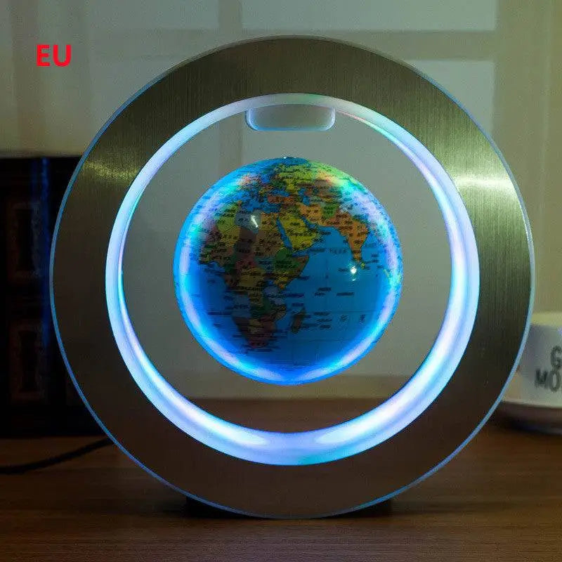 A round led world map floating globe light with glowing blue led ring and brushed metallic frame