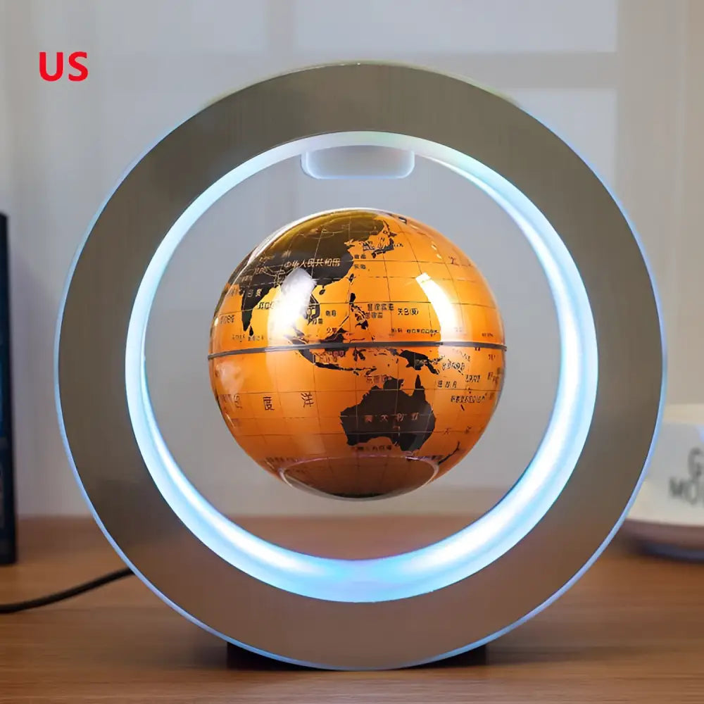 Round led world map floating globe light featuring a vintage orange globe with black landmasses and a blue magnetic ring