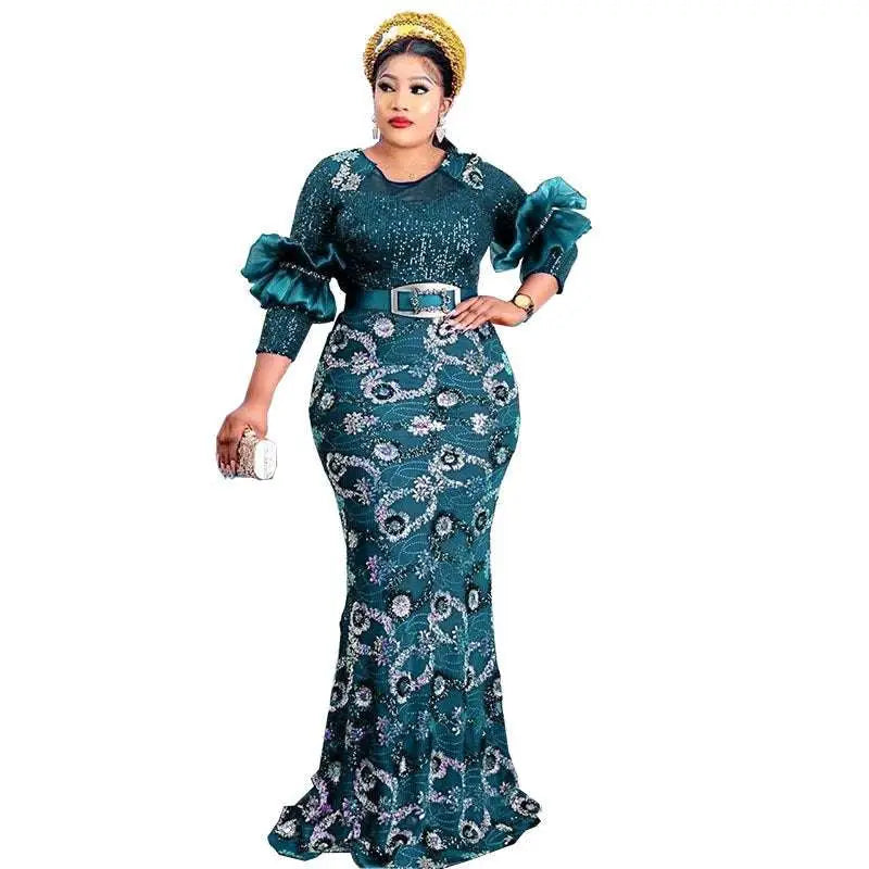 Teal sequined mermaid evening dress with ruffled sleeves silver belt and round neck slim fit neck shirt design