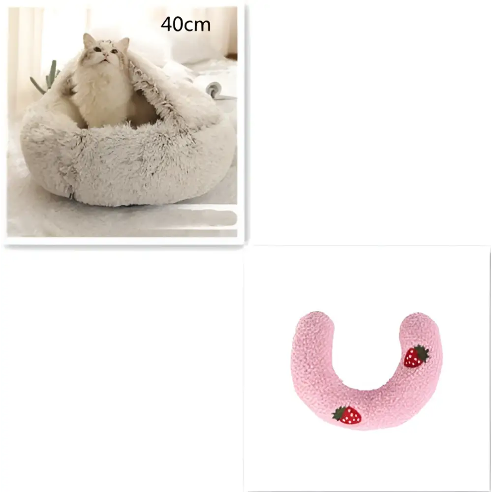 Pink round plush warm cat bed pet made of faux fur with a strawberry-themed design for cozy comfort