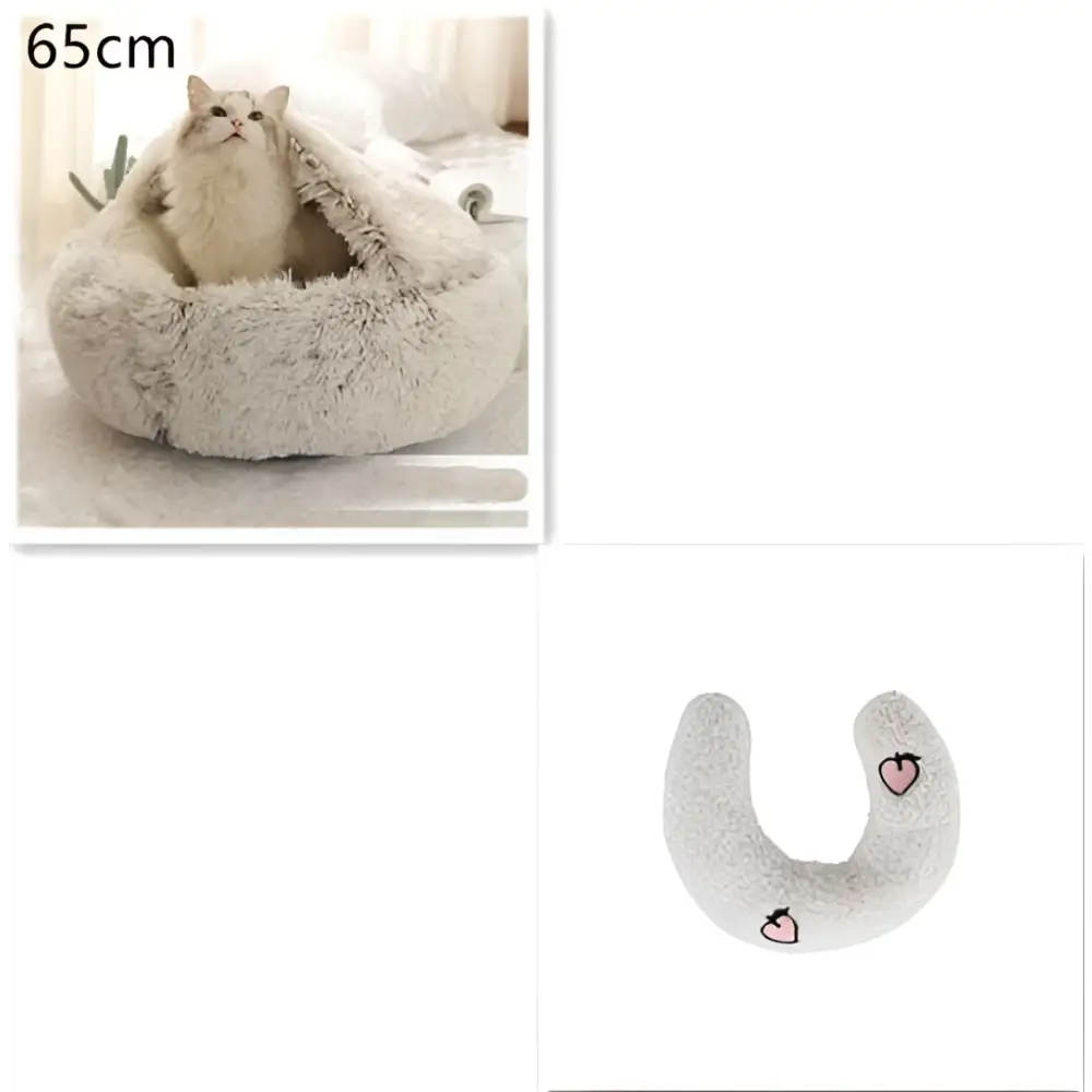 Soft fluffy gray cat bed pet with heart-shaped embroidery in pink round plush faux fur for warmth and comfort