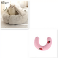 Soft fluffy beige cat bed pet with pink round plush faux fur neck pillow and strawberry appliqués for warmth and comfort