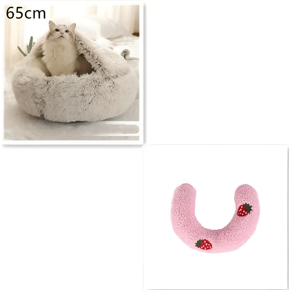 Soft fluffy beige cat bed pet with pink round plush faux fur neck pillow and strawberry appliqués for warmth and comfort