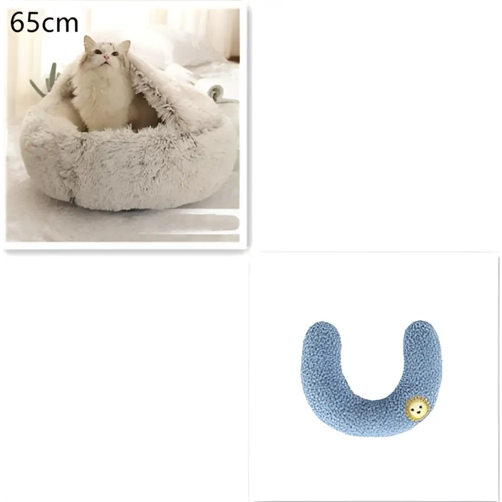 Fluffy light gray plush cat bed pet with a cozy rounded design and soft faux fur texture for warmth and comfort