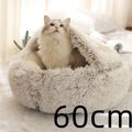 Fluffy light gray plush cat bed pet with cozy round design made of soft faux fur for warmth and comfort