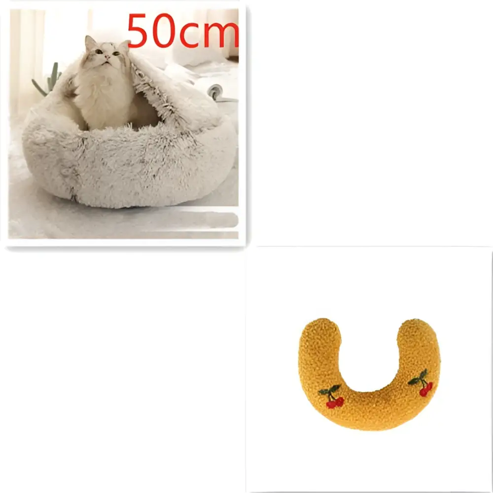 Cozy beige cat bed pet with soft plush texture, embroidered cherry details, and pink round plush faux fur design