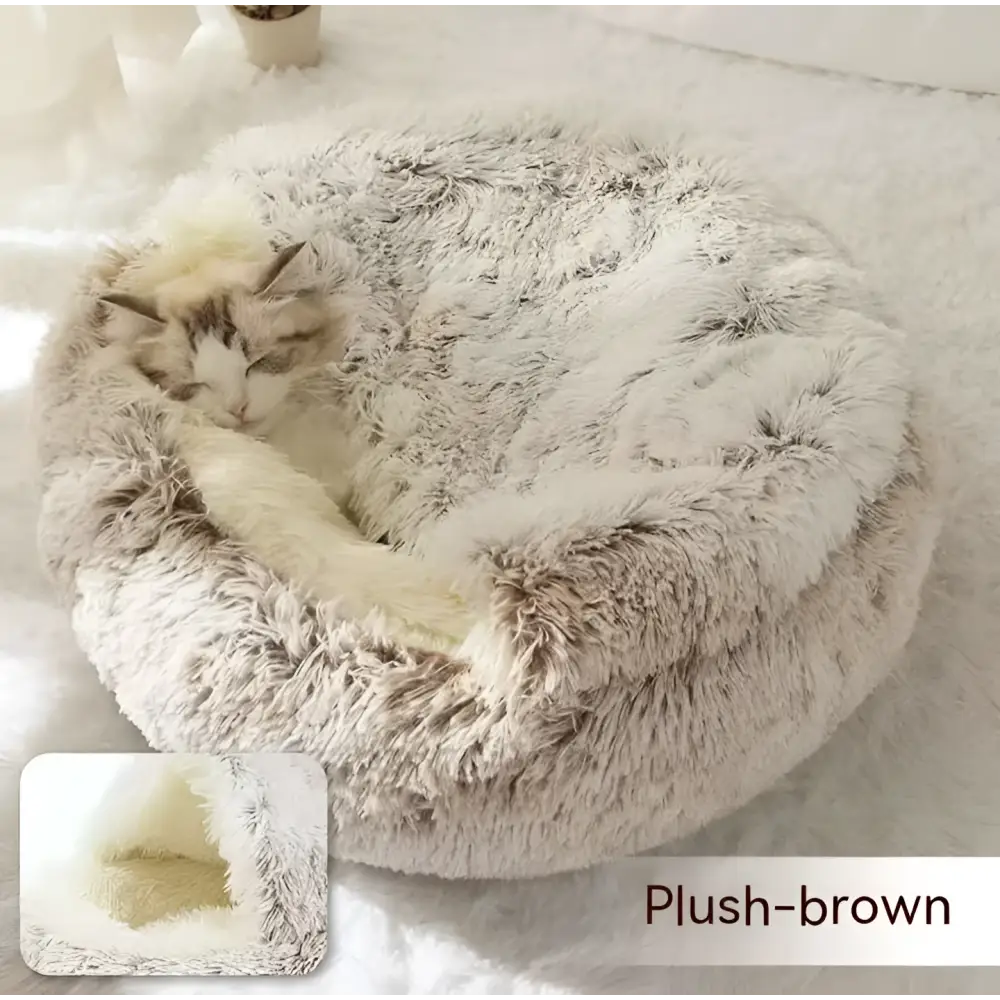Plush brown circular cat bed pet with soft faux fur exterior and cozy interior lining for warmth and comfort