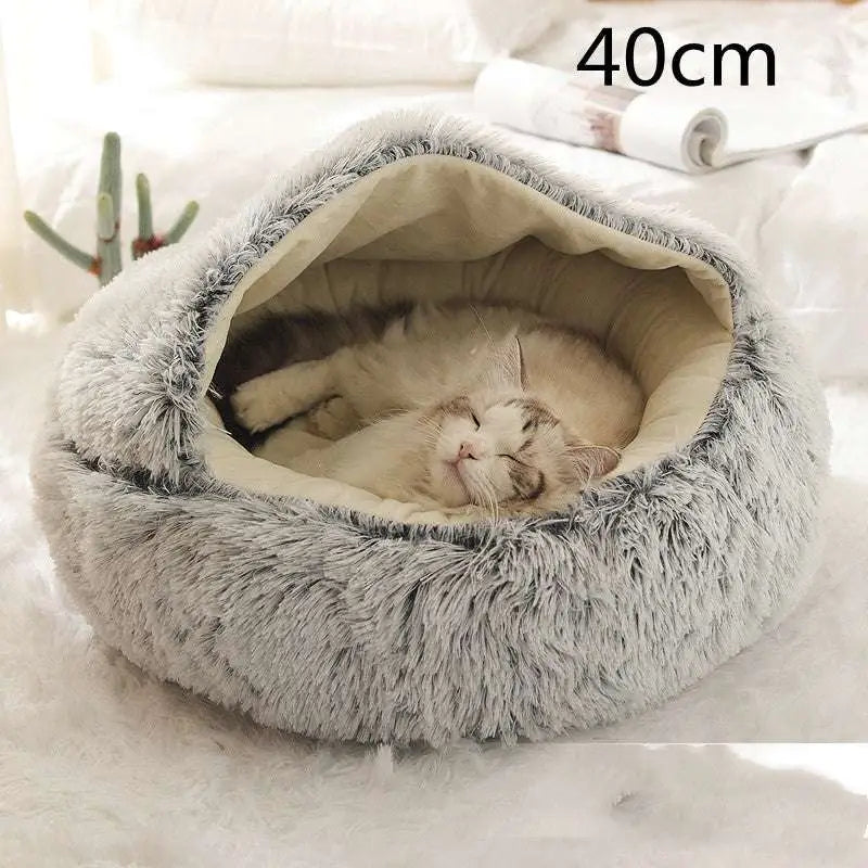 Gray plush cat bed pet with soft fluffy exterior and cream faux fur interior for pink round plush warm cat bed pet