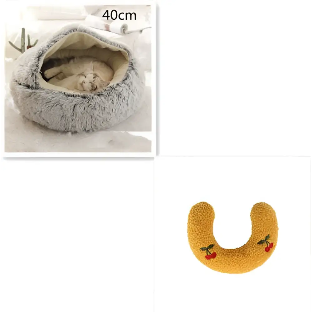 Gray plush cat bed pet with soft fuzzy exterior and cozy beige faux fur interior in a pink round plush design