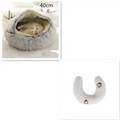 Gray fluffy cat bed pet with soft beige faux fur interior and two small pink heart patches in pink round plush design