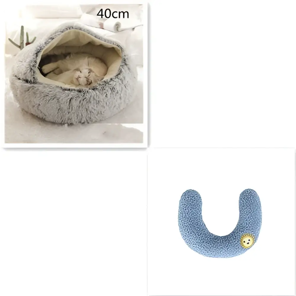Gray plush cat bed pet with cozy faux fur interior and golden button detail for pink round plush comfort