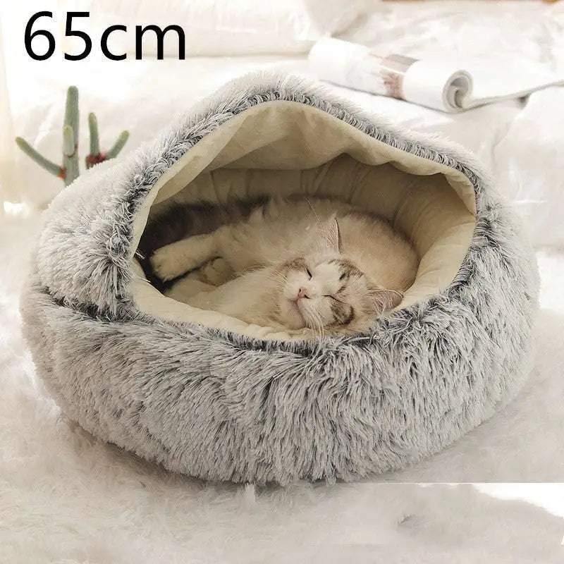 Cozy gray plush cat bed pet with soft faux fur exterior and cream interior for warmth and comfort