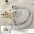 Gentleman gray plush cat bed pet with soft fluffy gray and white faux fur exterior and cozy inner lining
