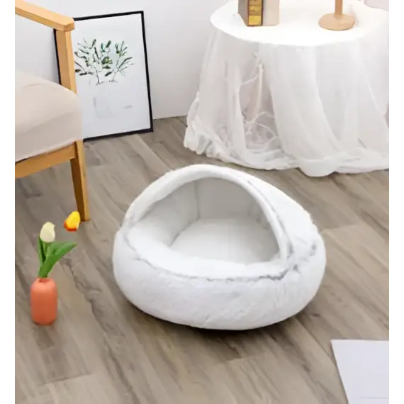 White plush cat bed pet with cozy rounded design and soft faux fur pink round plush fabric for warmth