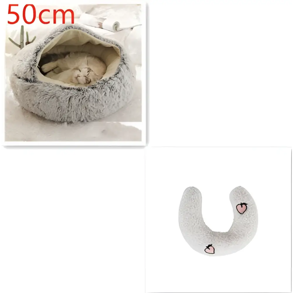 Gray plush cat bed pet with soft faux fur texture and cozy beige interior for pink round plush warmth