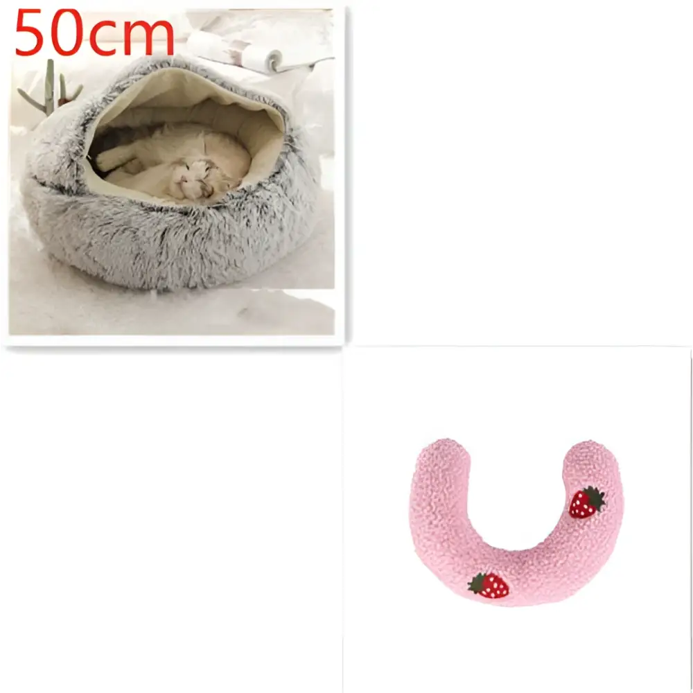 Gray plush cat bed pet with soft faux fur lining and strawberry appliqués in pink round plush warm cat bed pet design