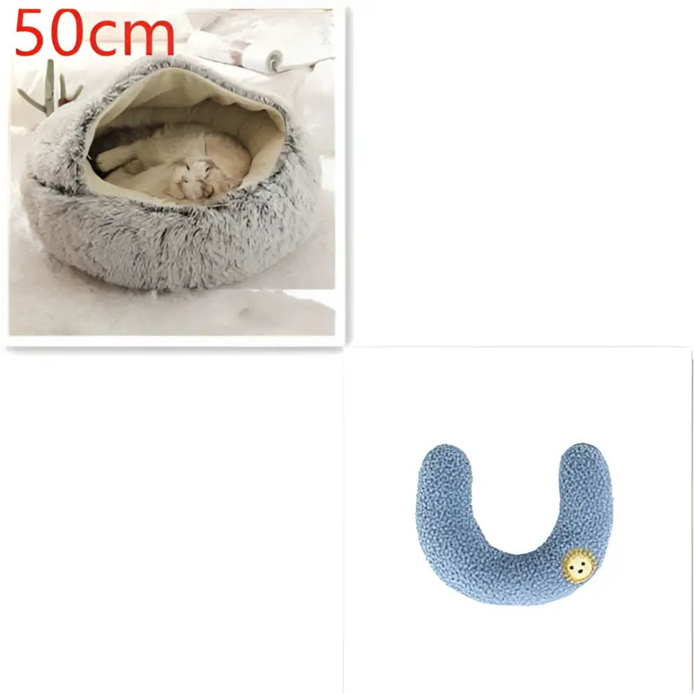 Gray plush cat bed pet with soft fuzzy faux fur exterior and cozy beige interior lining, pink round plush style