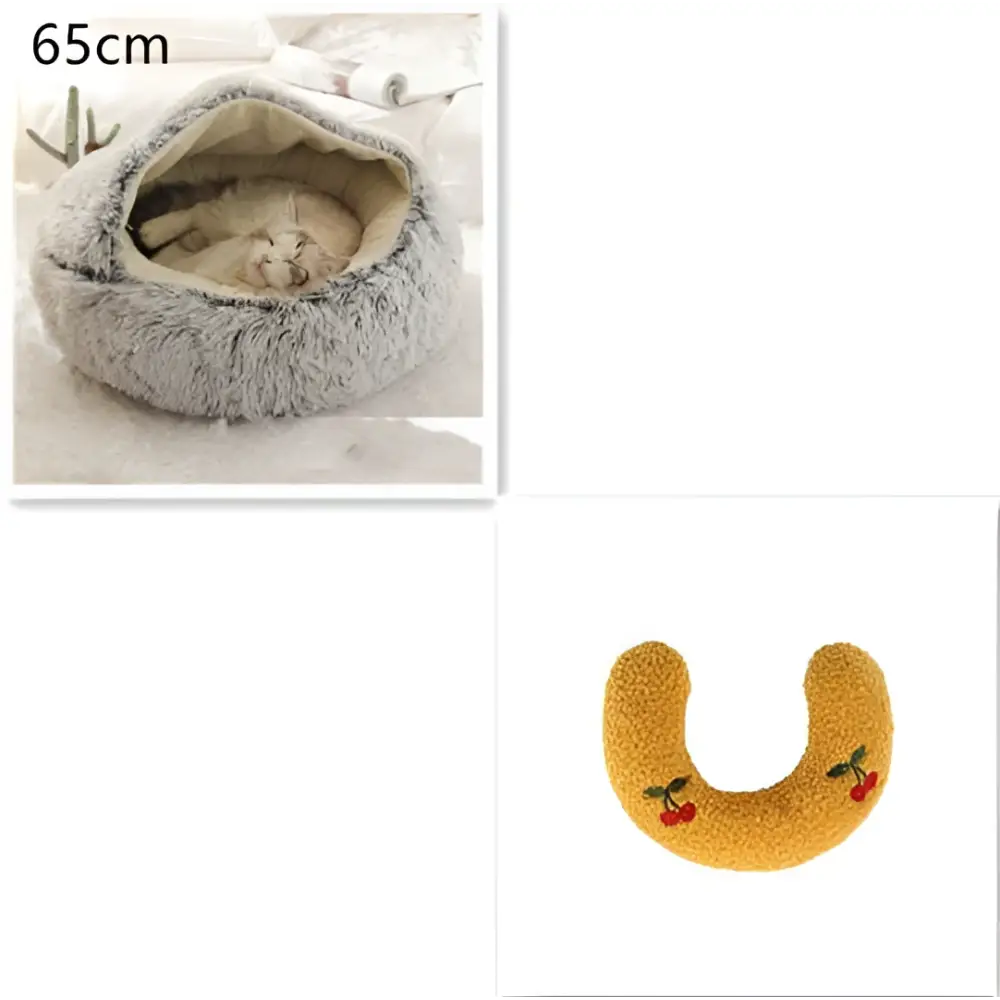Gray fluffy cat bed pet with soft faux fur lining and cherry embroidery for pink round plush warm comfort