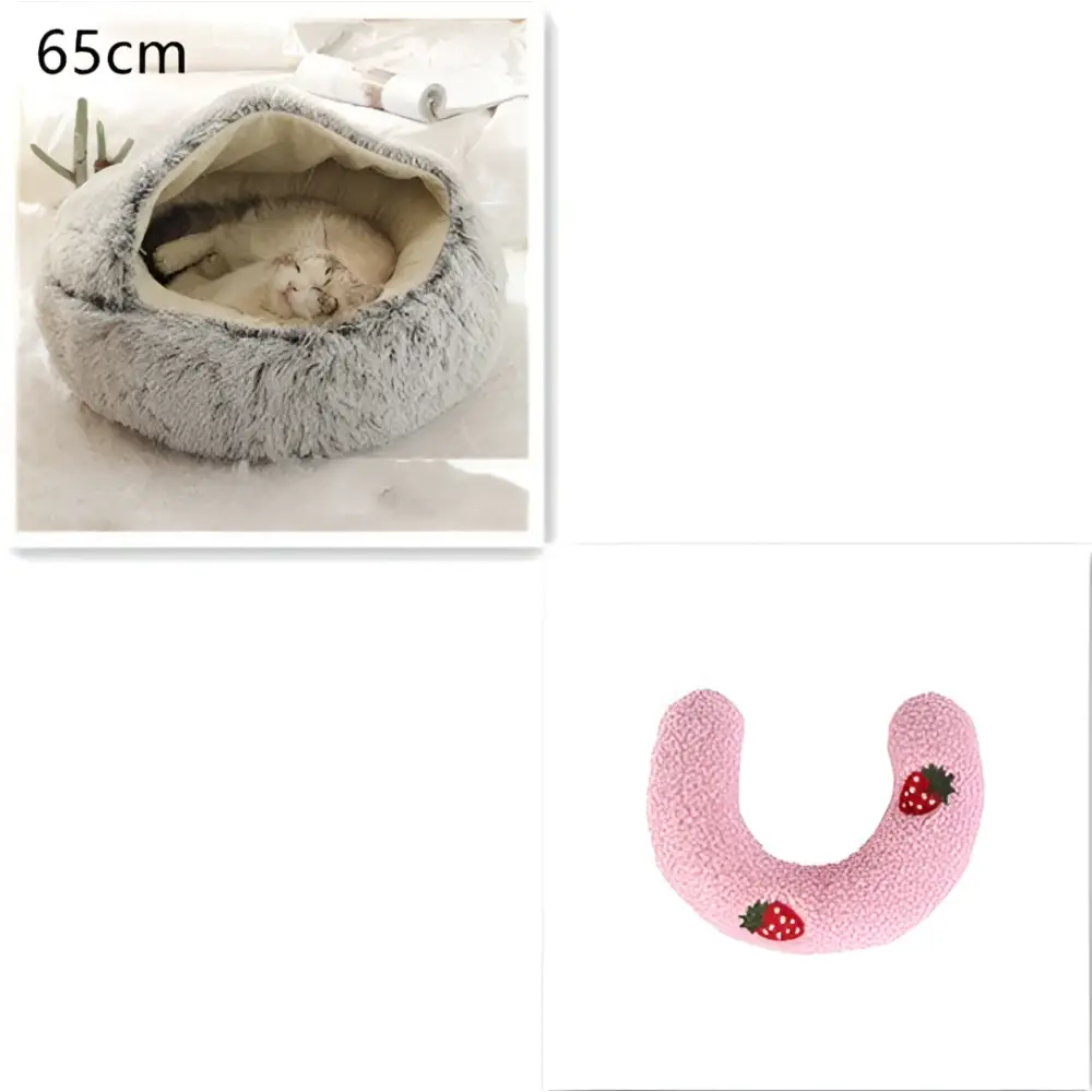Gray plush cat bed pet with soft fuzzy exterior and cozy beige faux fur interior for pink round plush comfort