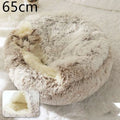 Fluffy cream and gray faux fur cat bed pet with cozy interior lining in pink round plush design