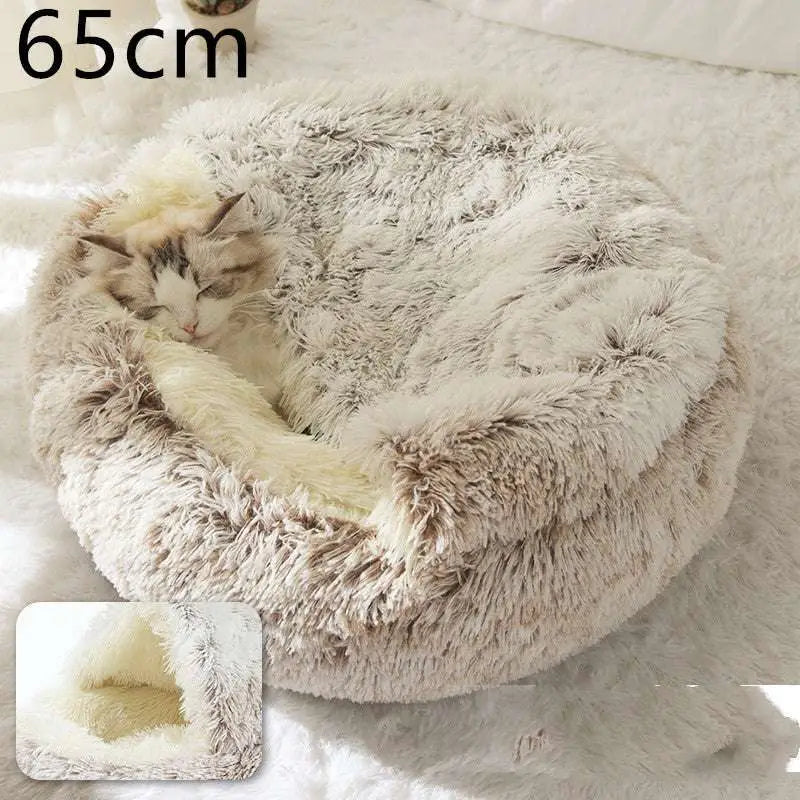Fluffy cream and gray faux fur cat bed pet with cozy interior lining in pink round plush design