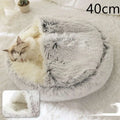 Pink round plush cat bed pet featuring fluffy gray and white faux fur with a cozy round design for warmth