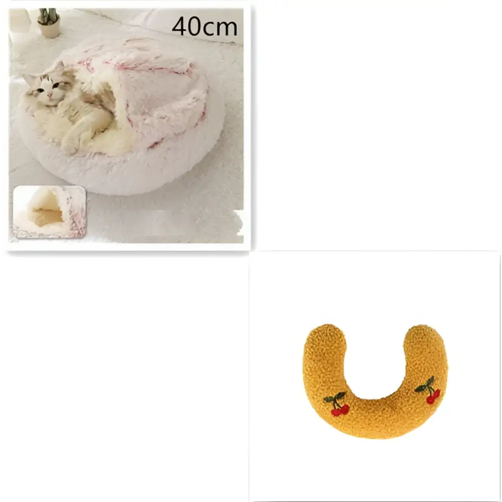 Soft pink round plush cat bed pet made of faux fur with a cozy design and embroidered cherry details