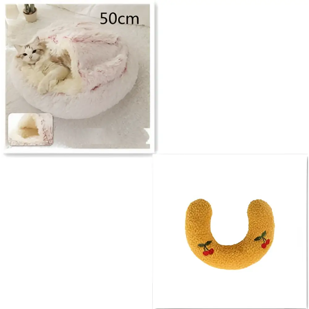 Soft pink round plush cat bed pet with faux fur cozy interior and cherry embroidery details for comfort