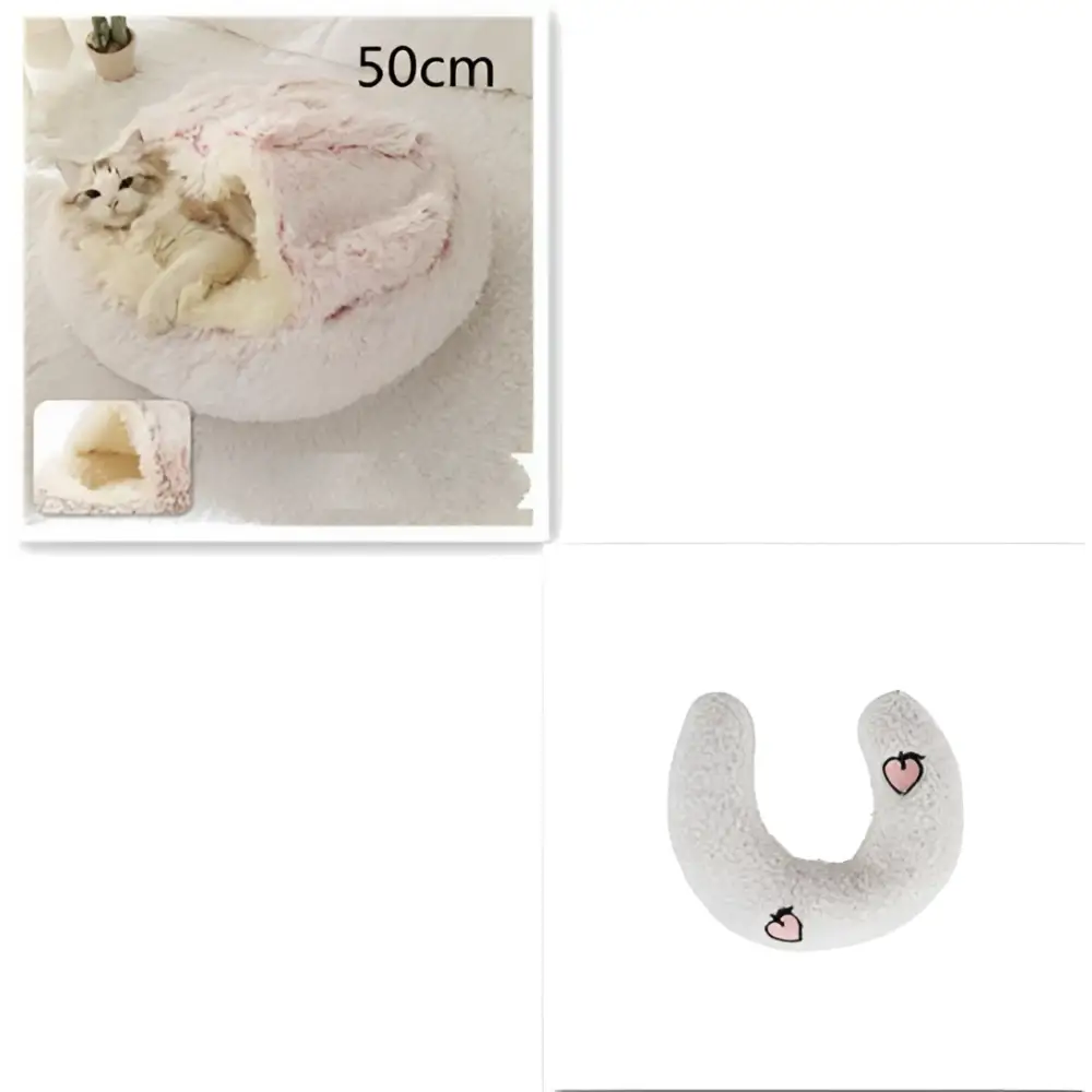 Soft pink round plush cat bed pet with cream faux fur and heart-shaped embroidery for warmth and comfort