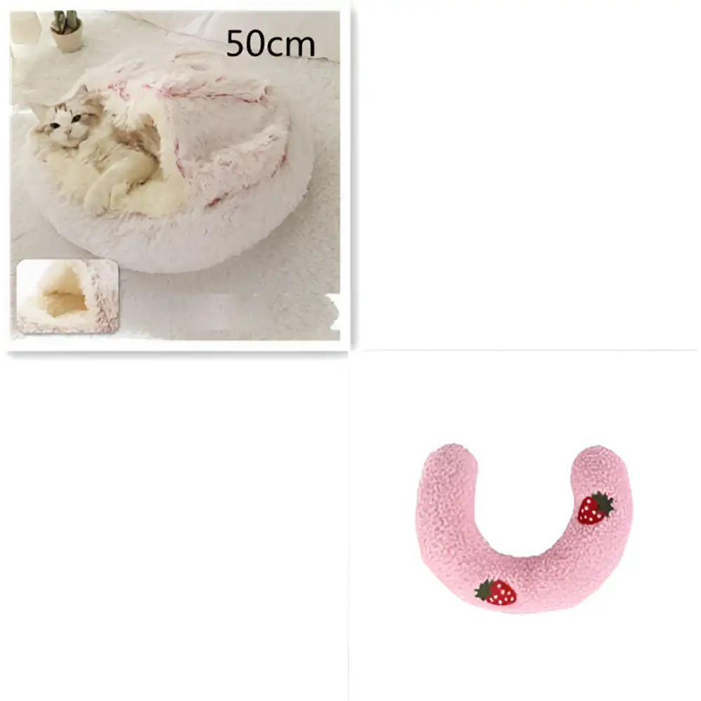 Pink round plush cat bed pet with strawberry appliqués and cozy faux fur for warm comfortable rest