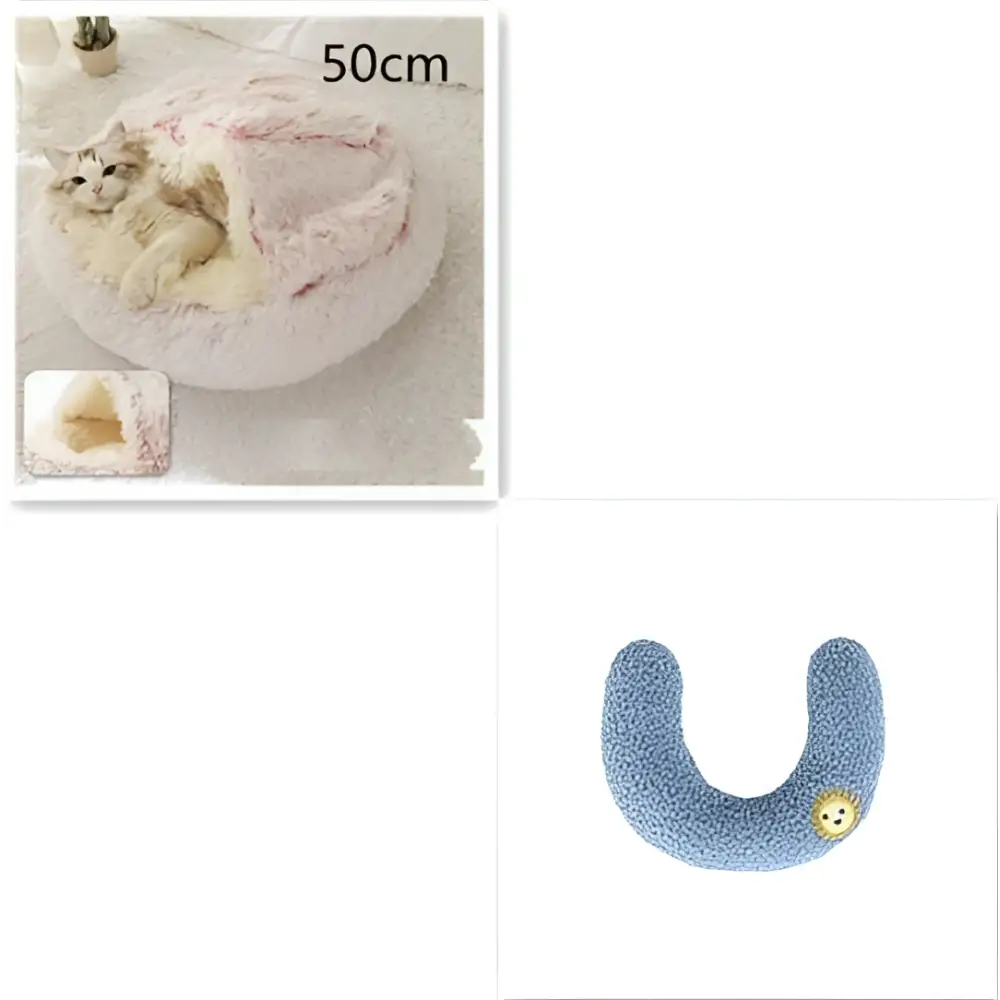 Soft pink round plush cat bed pet with cozy faux fur and small entrance for curling up comfortably
