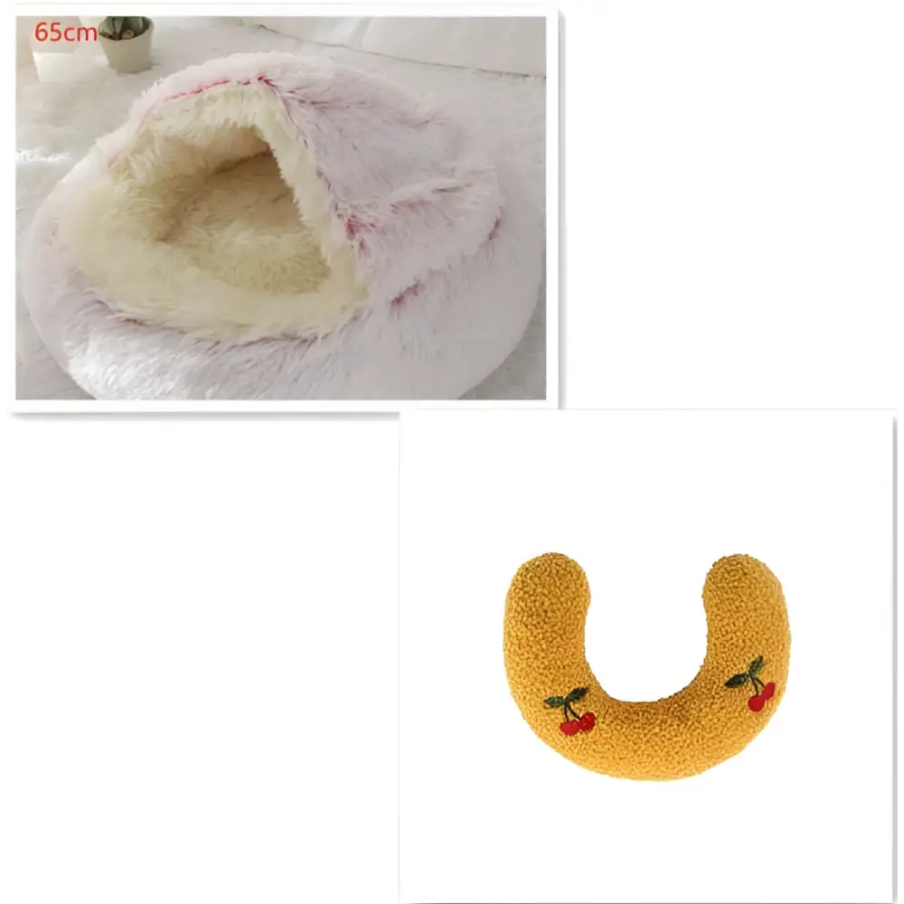 Soft pink and cream pink round plush cat bed pet with faux fur exterior and embroidered cherry details on cushion