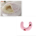 Pink, plush strawberry-themed pet bed with a cozy, fluffy exterior and soft inner lining.