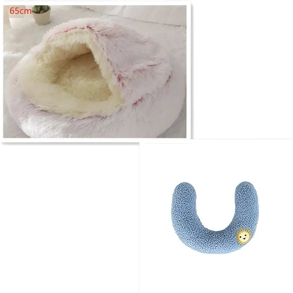 Soft pink and cream faux fur cat bed pet with a pink round plush and cozy rounded design for warmth and comfort