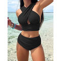 Black one-piece swimsuit featuring a cross halterneck pleated top with high-waisted bottoms for elegant swimwear