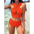 Vibrant orange two-piece swimsuit with cross halterneck pleated top and high-waisted bottoms for stylish swimwear