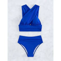 Royal blue cross halterneck pleated swimsuit with a halterneck top and high-waisted bottoms