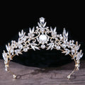 Royal blue gold rhinestone mitzvah crown with sparkling gold tiara, clear crystals, leaf embellishments, and central gemstone