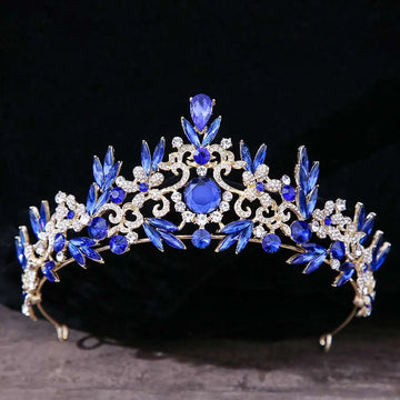 Royal blue gold rhinestone mitzvah crown with sparkling crystals and leaf-shaped bridal headdress rhinestone embellishments